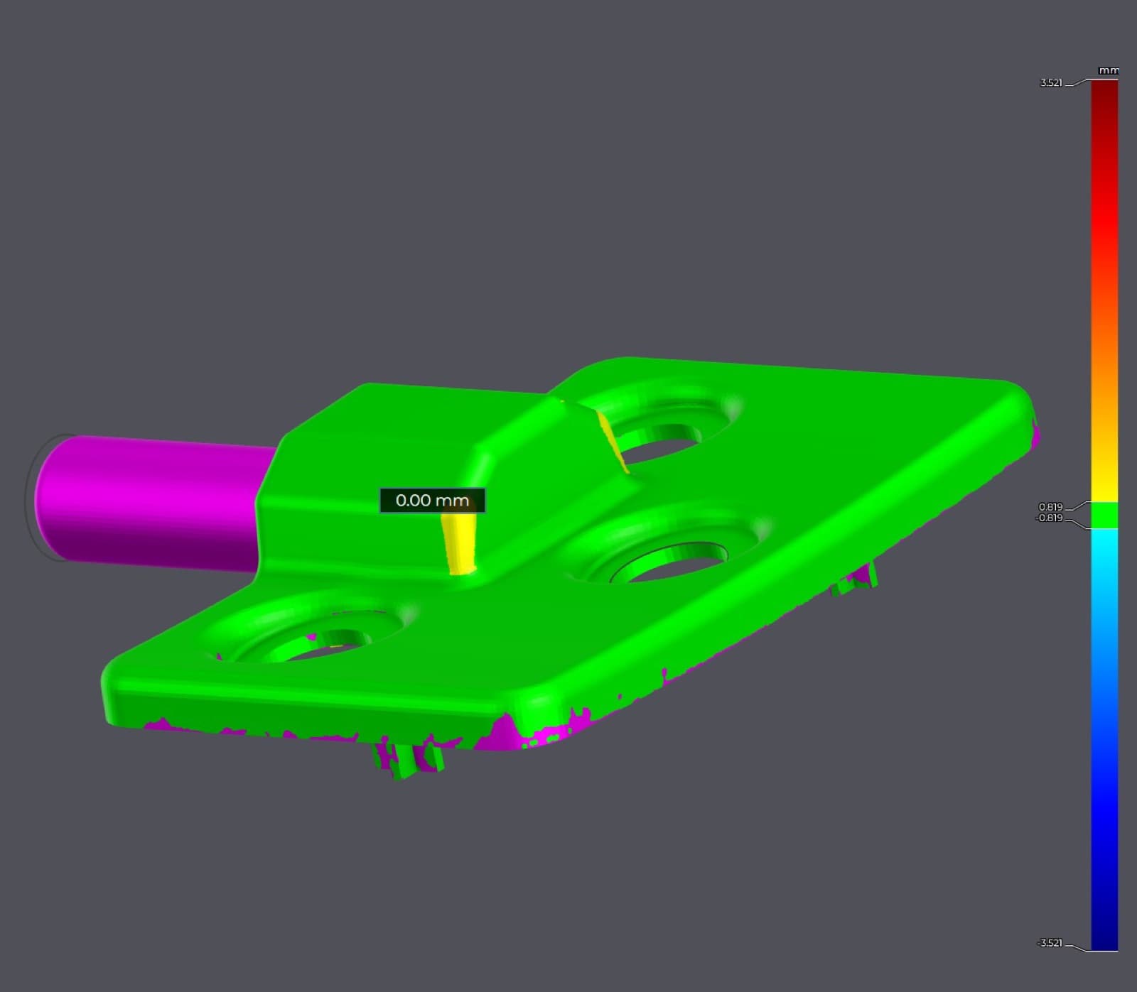 Scan-to-CAD deviation map of the bracket, front view, mostly within tolerance