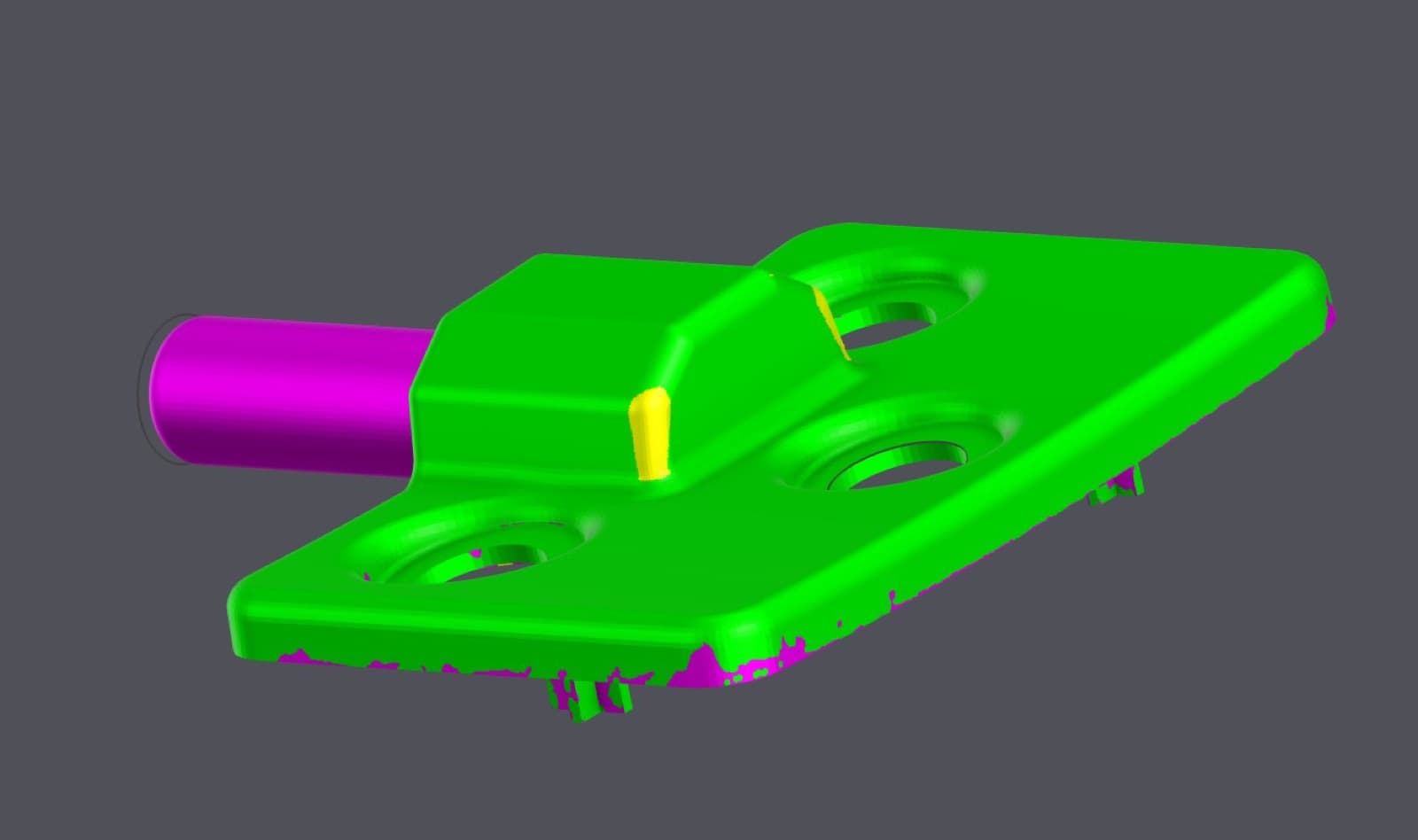 Scan-to-CAD deviation map, isometric view with the unscanned pin in magenta